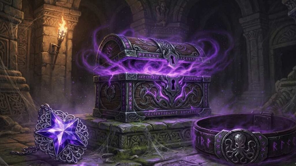 Abyssal trove drops shown as a reward chest containing a jewel and belt
