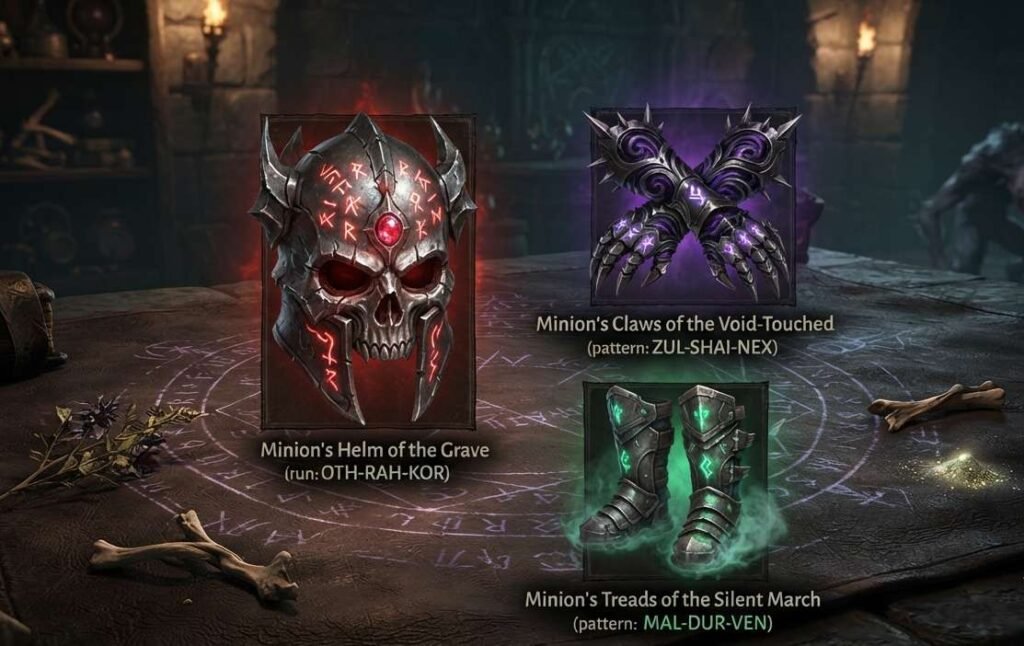 Animate guardian items laid out as a defensive gear loadout