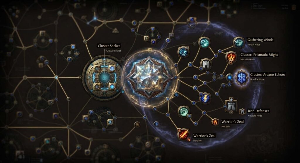 Cluster jewel guide showing how a cluster jewel extends the passive tree