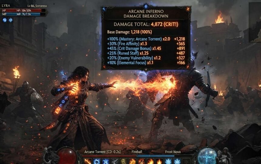 Damage multiplier stacking in POE shown through a layered tooltip breakdown