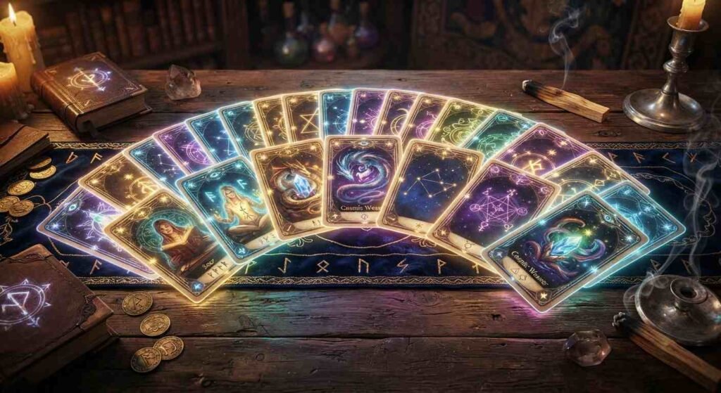 Divination card farming shown through a fanned stack of collected cards
