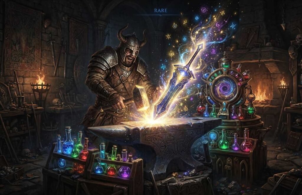An essence crafting guide result showing a powerful crafted item