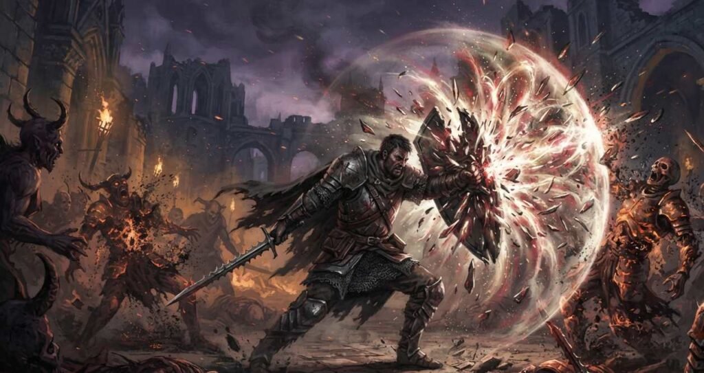The explosive shield mechanic shown bursting outward during combat
