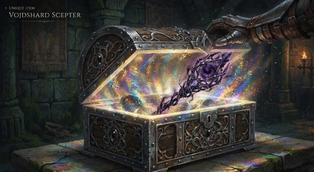 A foiled unique poe 2 item revealed from the Reliquary Vault chest