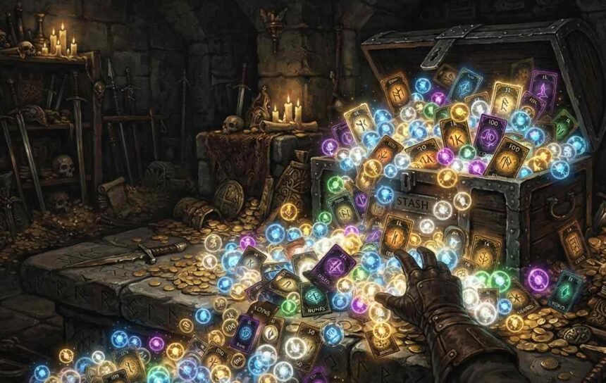 Hidden mechanics that make you 10x richer in POE shown as an overflowing currency stash