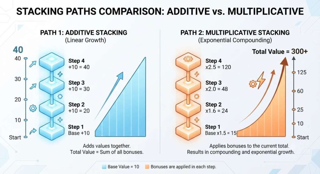 Increased vs more poe modifiers compared as additive and multiplicative stacking paths