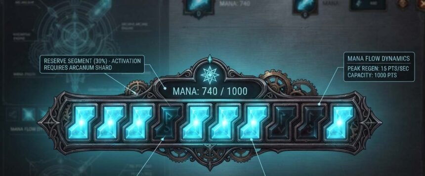 Mana reservation efficiency breakpoints shown as stepped notches on a mana bar