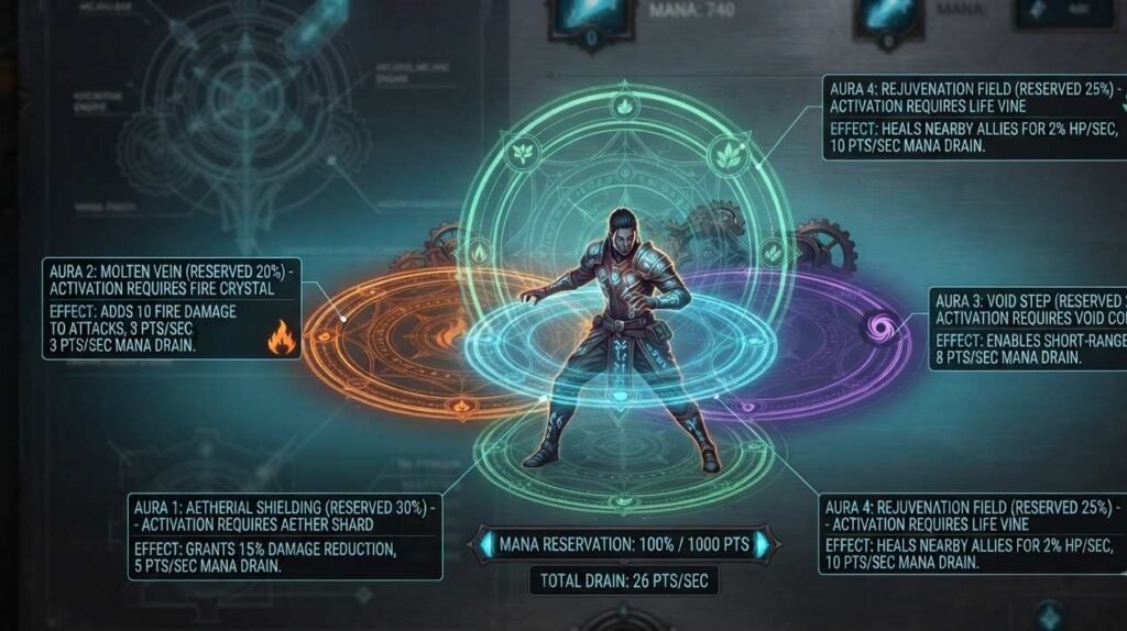 Mana reservation poe math shown across four separately reserved auras