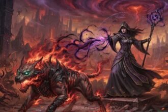 The POE 2 Hellhound skill shown as a demonic fire companion fighting alongside its summoner