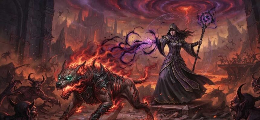 The POE 2 Hellhound skill shown as a demonic fire companion fighting alongside its summoner