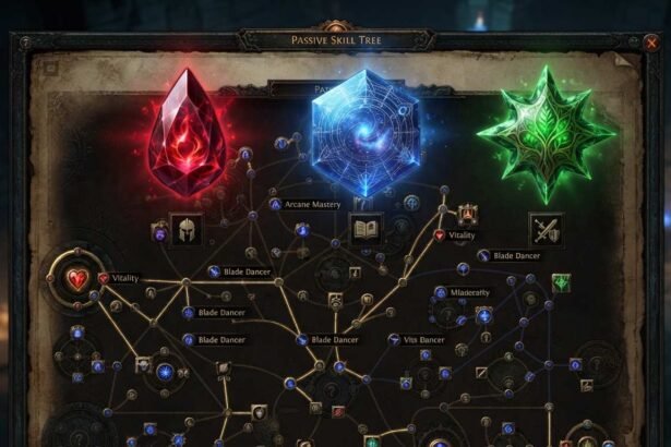 POE Jewels Demystified showing three distinct jewel types above a passive tree