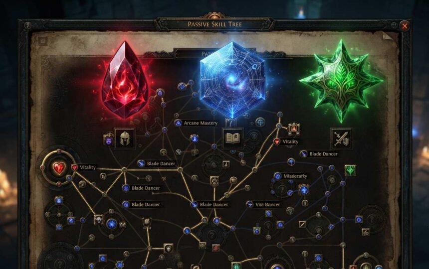 POE Jewels Demystified showing three distinct jewel types above a passive tree