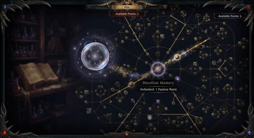 Regret Orb recipes shown through a passive tree point being refunded