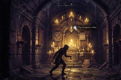 Shrine mechanics in POE shown through a glowing dungeon shrine encounter