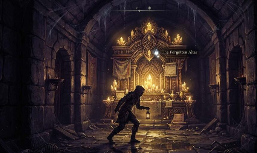 Shrine mechanics in POE shown through a glowing dungeon shrine encounter