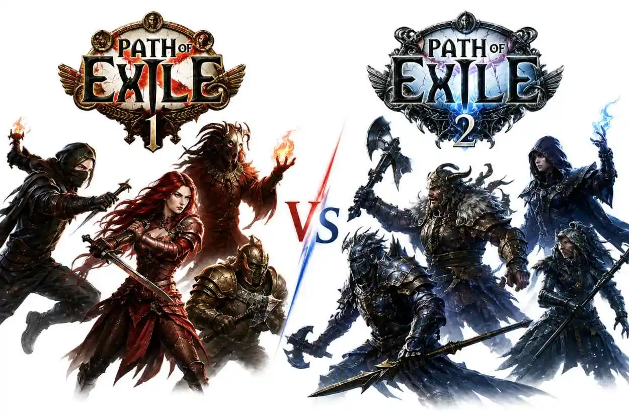 Path of Exile 1 and Path of Exile 2 data compared across combat pacing, currency, sockets, classes and ladder depth
