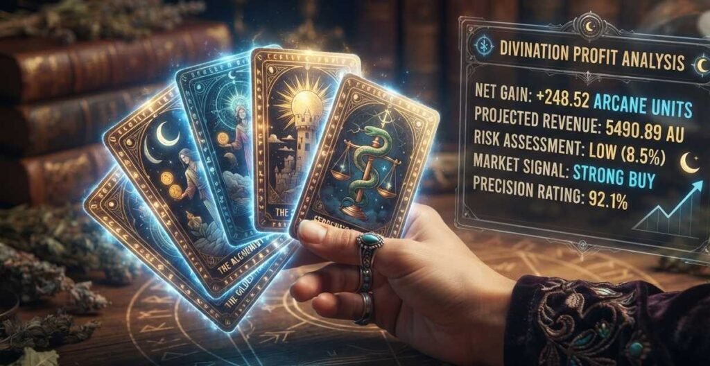 Divination card arbitrage shown through a profit calculation overlay