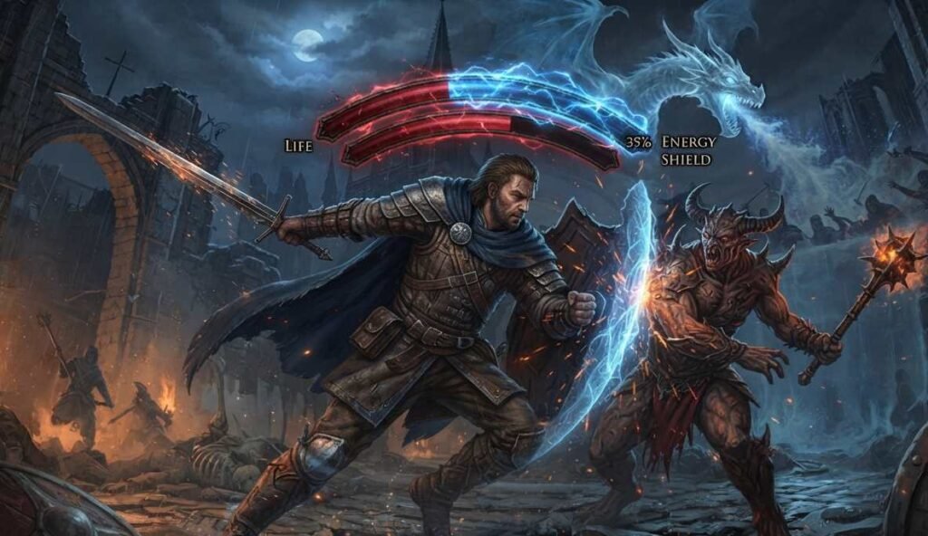 An es life hybrid poe build sustaining through combat with dual defensive pools