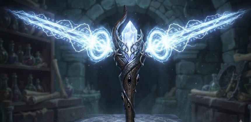 A Pledge of Hands build guide showing the staff casting a doubled spell effect