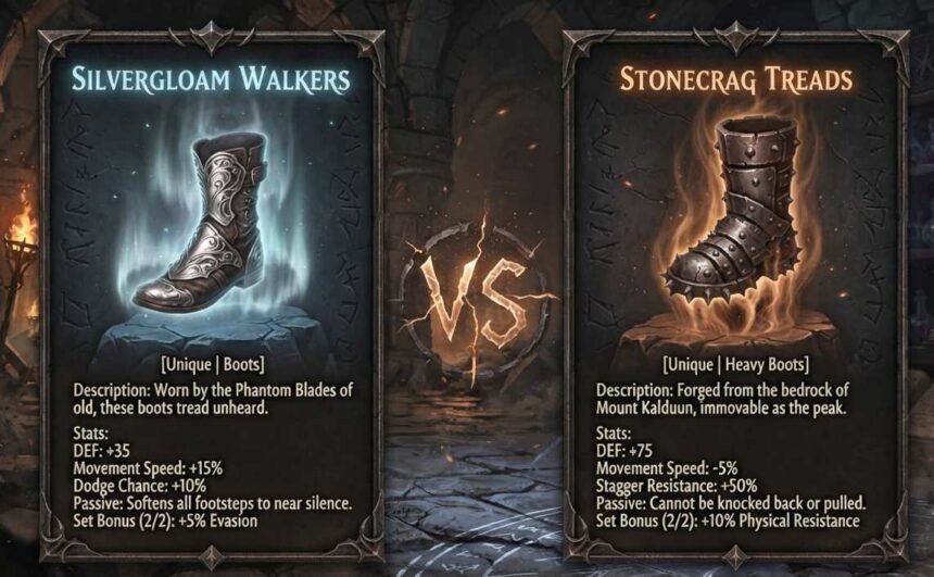 Soul Tether vs Kaom's Roots shown as two contrasting unique boots